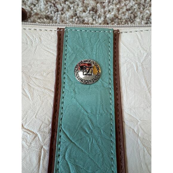STONEMOUNTAIN HAND bag/purse, small Wristlet; LEATHER, White with teal stripe - Picture 4 of 9